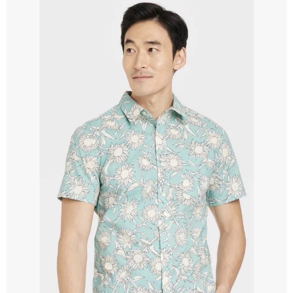 Goodfellow Slim fit Men’s Short Sleeve Button Down, floral print on Aqua NWT